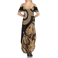 Black Bula Fiji Summer Maxi Dress Fijian Dance Fan Tapa Cloth Pattern