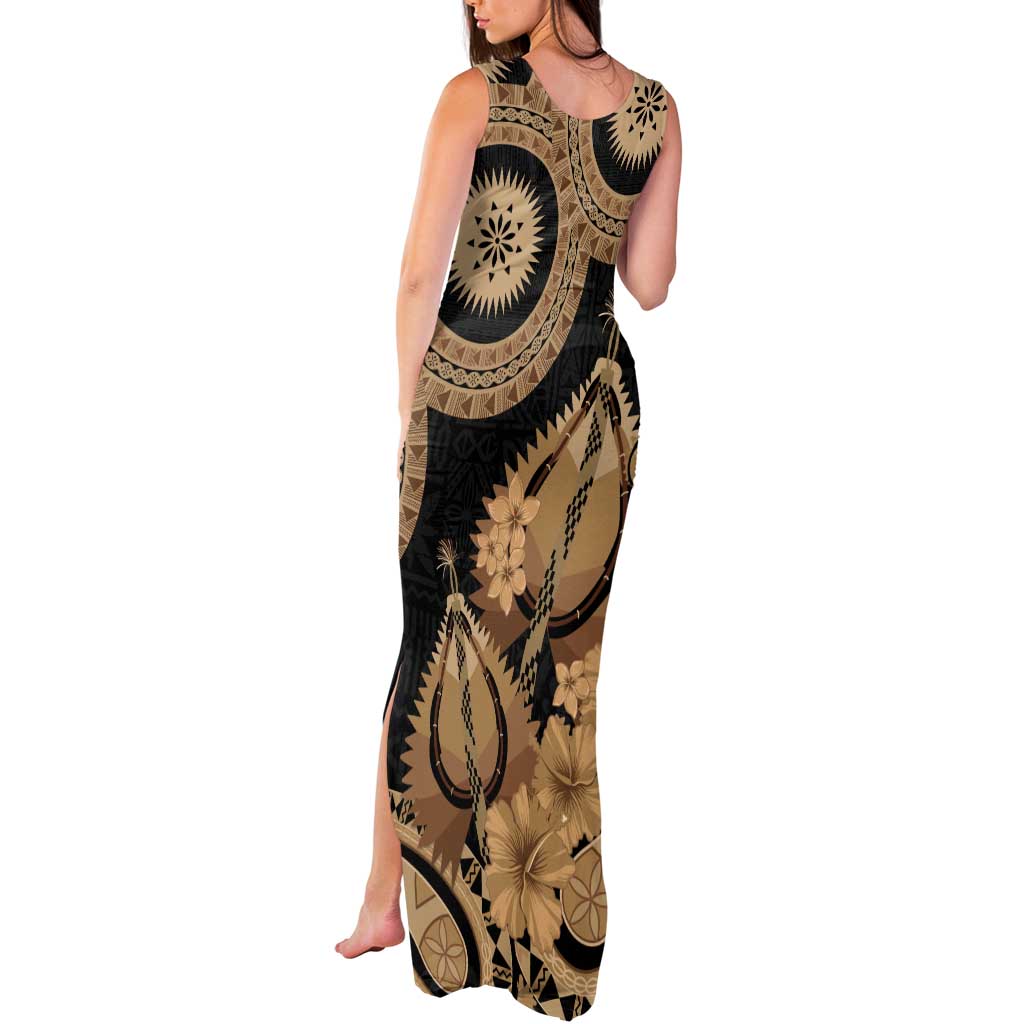 Black Bula Fiji Tank Maxi Dress Fijian Dance Fan Tapa Cloth Pattern