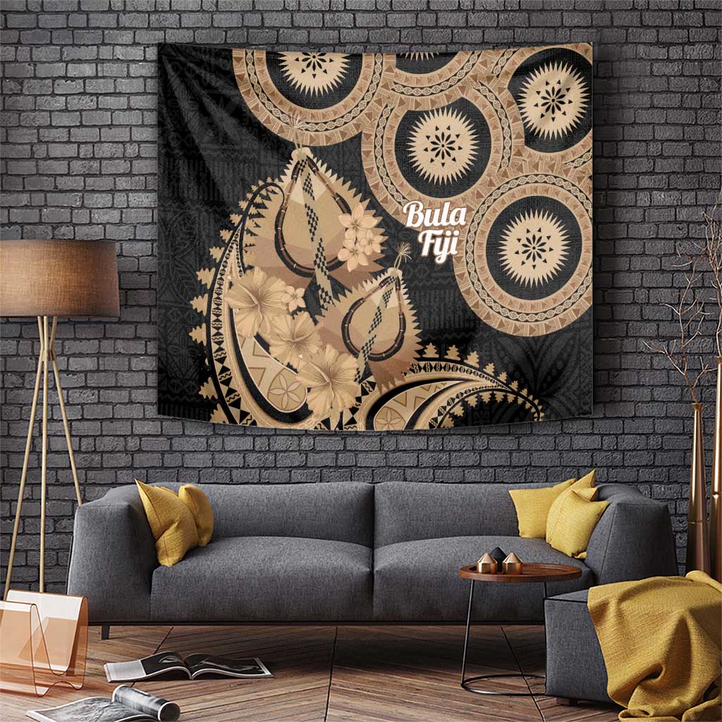 Black Bula Fiji Tapestry Fijian Dance Fan Tapa Cloth Pattern