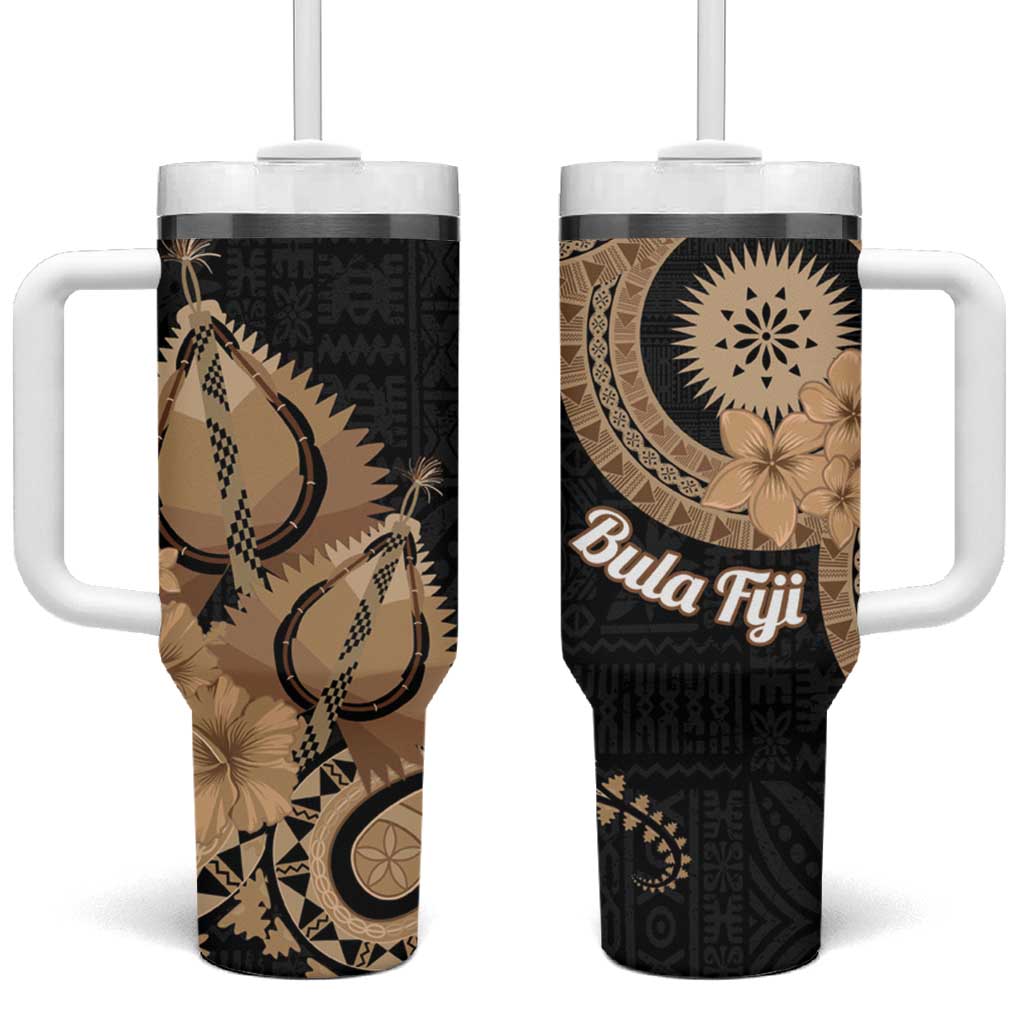 Black Bula Fiji Tumbler With Handle Fijian Dance Fan Tapa Cloth Pattern