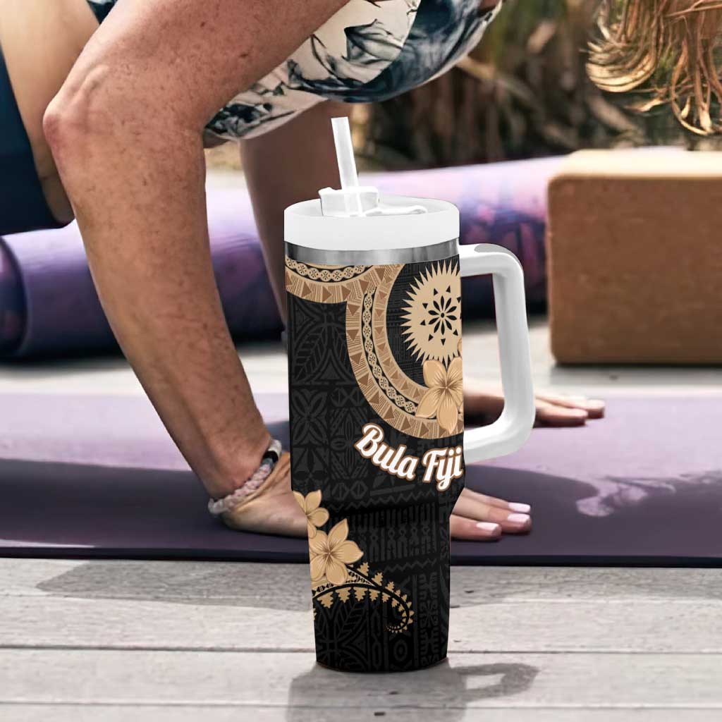 Black Bula Fiji Tumbler With Handle Fijian Dance Fan Tapa Cloth Pattern