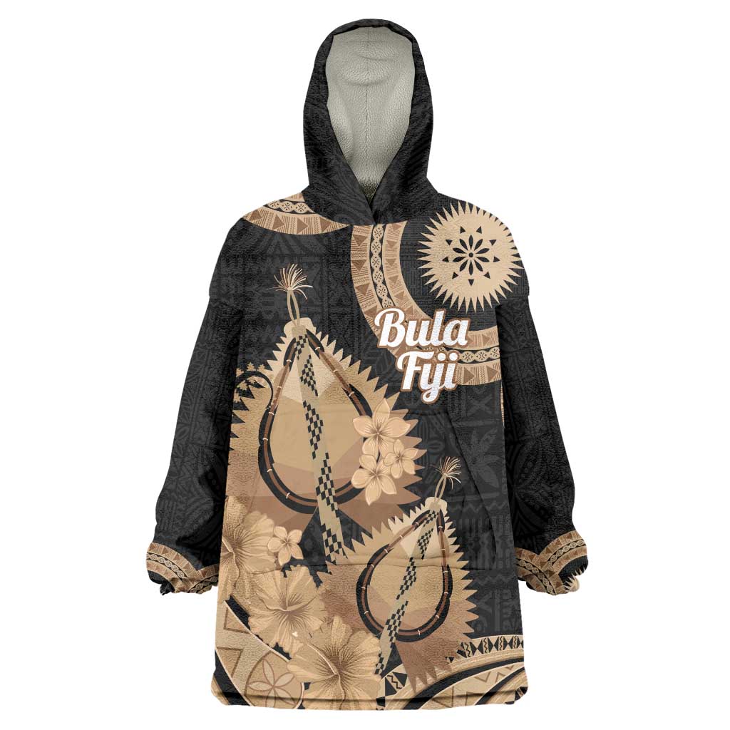 Black Bula Fiji Wearable Blanket Hoodie Fijian Dance Fan Tapa Cloth Pattern