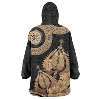 Black Bula Fiji Wearable Blanket Hoodie Fijian Dance Fan Tapa Cloth Pattern