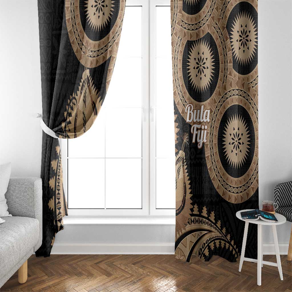 Black Bula Fiji Window Curtain Fijian Dance Fan Tapa Cloth Pattern