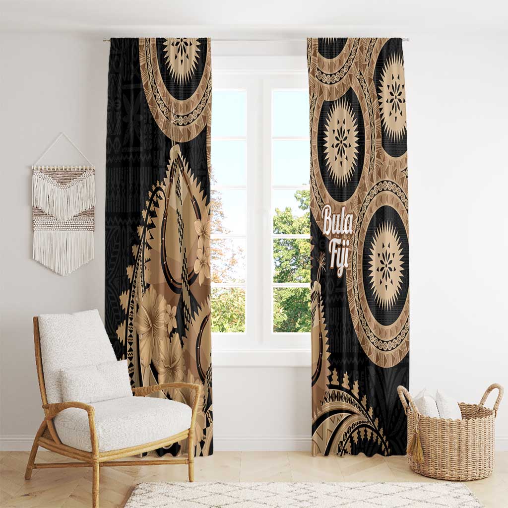 Black Bula Fiji Window Curtain Fijian Dance Fan Tapa Cloth Pattern