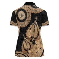Black Bula Fiji Women Polo Shirt Fijian Dance Fan Tapa Cloth Pattern