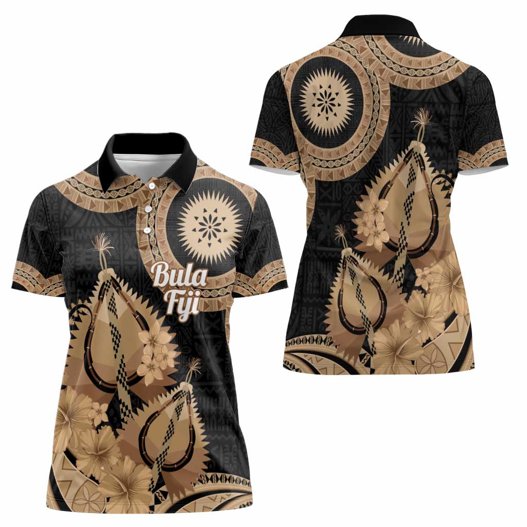 Black Bula Fiji Women Polo Shirt Fijian Dance Fan Tapa Cloth Pattern