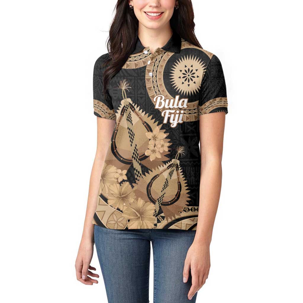 Black Bula Fiji Women Polo Shirt Fijian Dance Fan Tapa Cloth Pattern