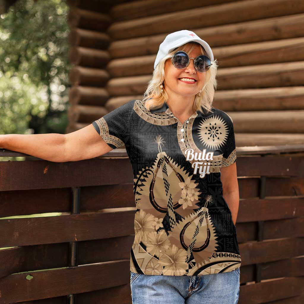 Black Bula Fiji Women Polo Shirt Fijian Dance Fan Tapa Cloth Pattern