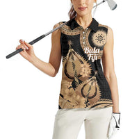 Black Bula Fiji Women Sleeveless Polo Shirt Fijian Dance Fan Tapa Cloth Pattern