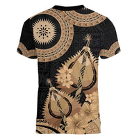 Black Bula Fiji Women V-Neck T-Shirt Fijian Dance Fan Tapa Cloth Pattern