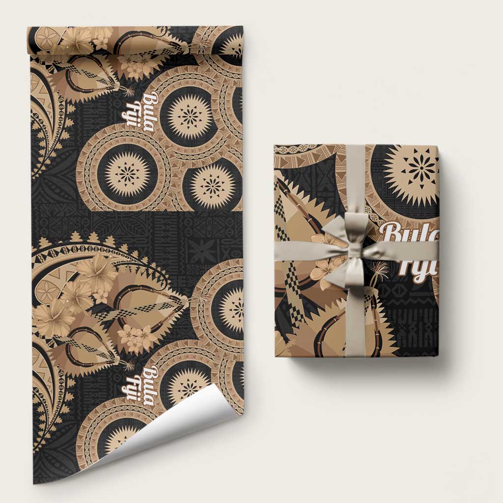 Black Bula Fiji Wrapping Paper Fijian Dance Fan Tapa Cloth Pattern LT14 58" × 23" Black - Polynesian Pride