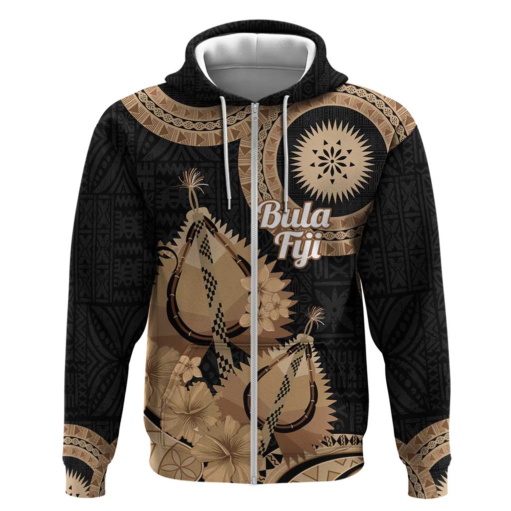 Black Bula Fiji Zip Hoodie Fijian Dance Fan Tapa Cloth Pattern