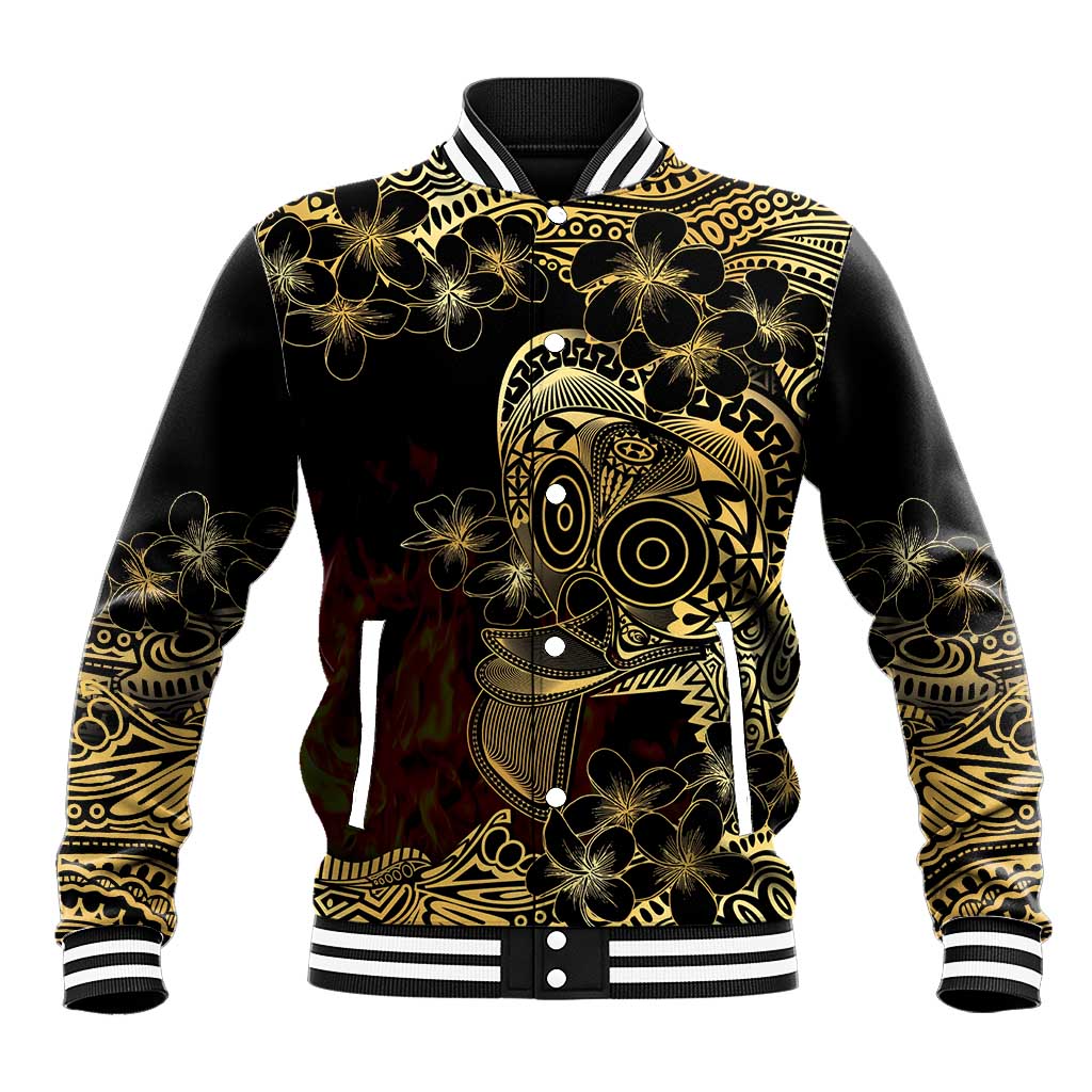 Frangipani Festival Rabaul Baseball Jacket PNG Tribal Baining Mask Tattoo LT14 Unisex Black - Polynesian Pride