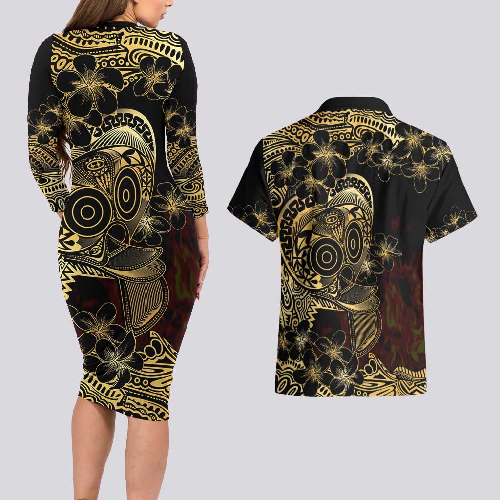 Frangipani Festival Rabaul Couples Matching Long Sleeve Bodycon Dress and Hawaiian Shirt PNG Tribal Baining Mask Tattoo - Polynesian Pride
