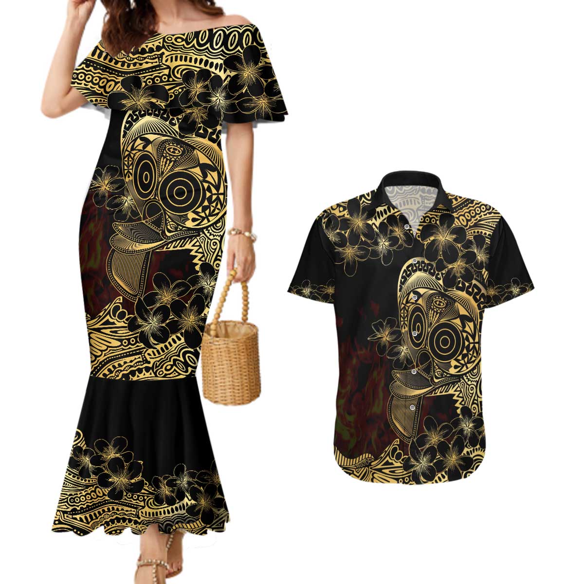 Frangipani Festival Rabaul Couples Matching Mermaid Dress and Hawaiian Shirt PNG Tribal Baining Mask Tattoo - Polynesian Pride