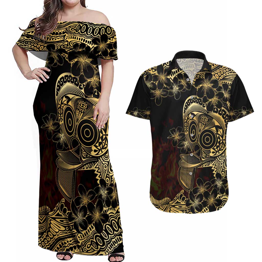 Frangipani Festival Rabaul Couples Matching Off Shoulder Maxi Dress and Hawaiian Shirt PNG Tribal Baining Mask Tattoo - Polynesian Pride