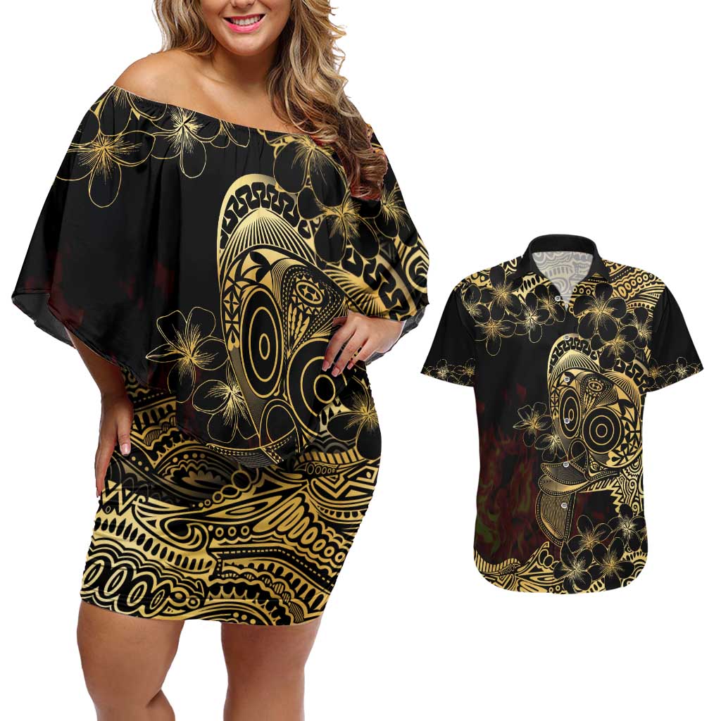 Frangipani Festival Rabaul Couples Matching Off Shoulder Short Dress and Hawaiian Shirt PNG Tribal Baining Mask Tattoo - Polynesian Pride