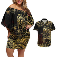 Frangipani Festival Rabaul Couples Matching Off Shoulder Short Dress and Hawaiian Shirt PNG Tribal Baining Mask Tattoo - Polynesian Pride