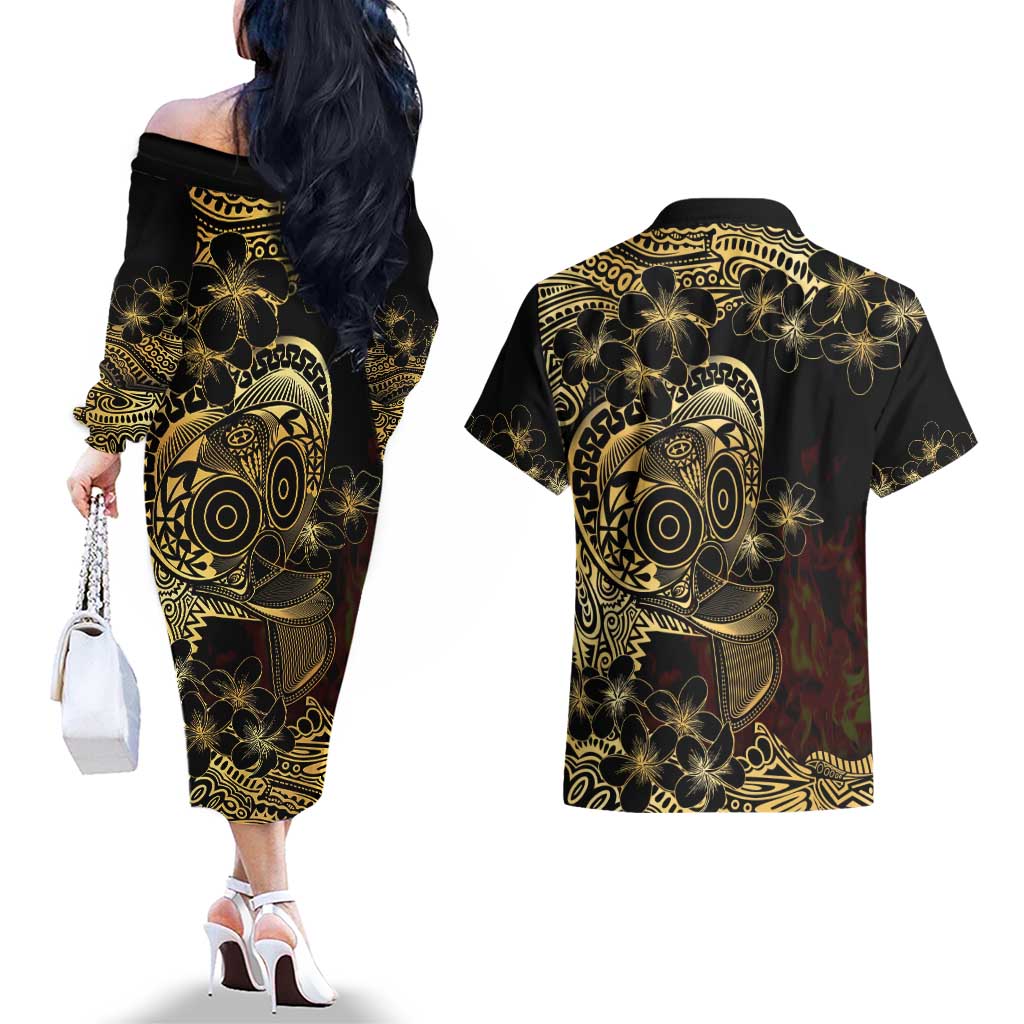 Frangipani Festival Rabaul Couples Matching Off The Shoulder Long Sleeve Dress and Hawaiian Shirt PNG Tribal Baining Mask Tattoo - Polynesian Pride