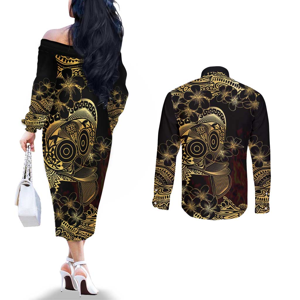 Frangipani Festival Rabaul Couples Matching Off The Shoulder Long Sleeve Dress and Long Sleeve Button Shirt PNG Tribal Baining Mask Tattoo - Polynesian Pride