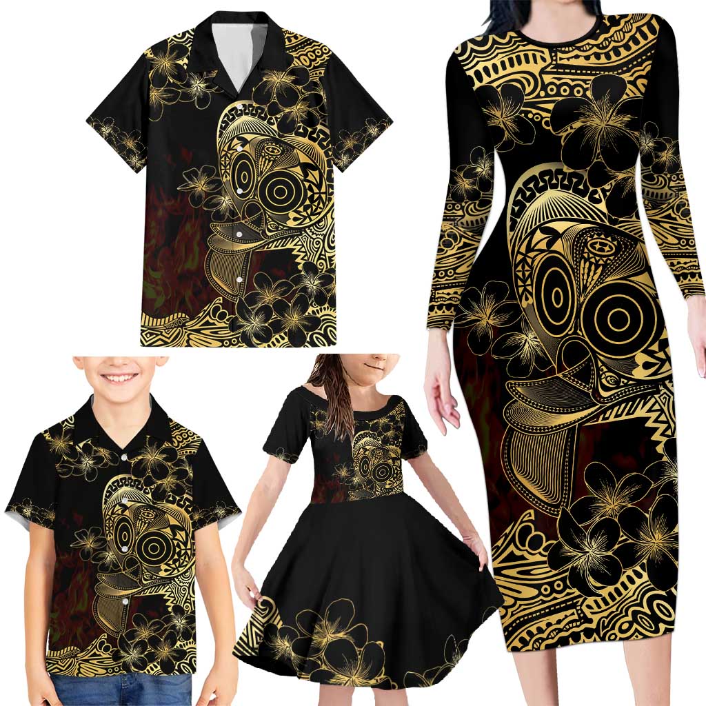 Frangipani Festival Rabaul Family Matching Long Sleeve Bodycon Dress and Hawaiian Shirt PNG Tribal Baining Mask Tattoo LT14 - Polynesian Pride