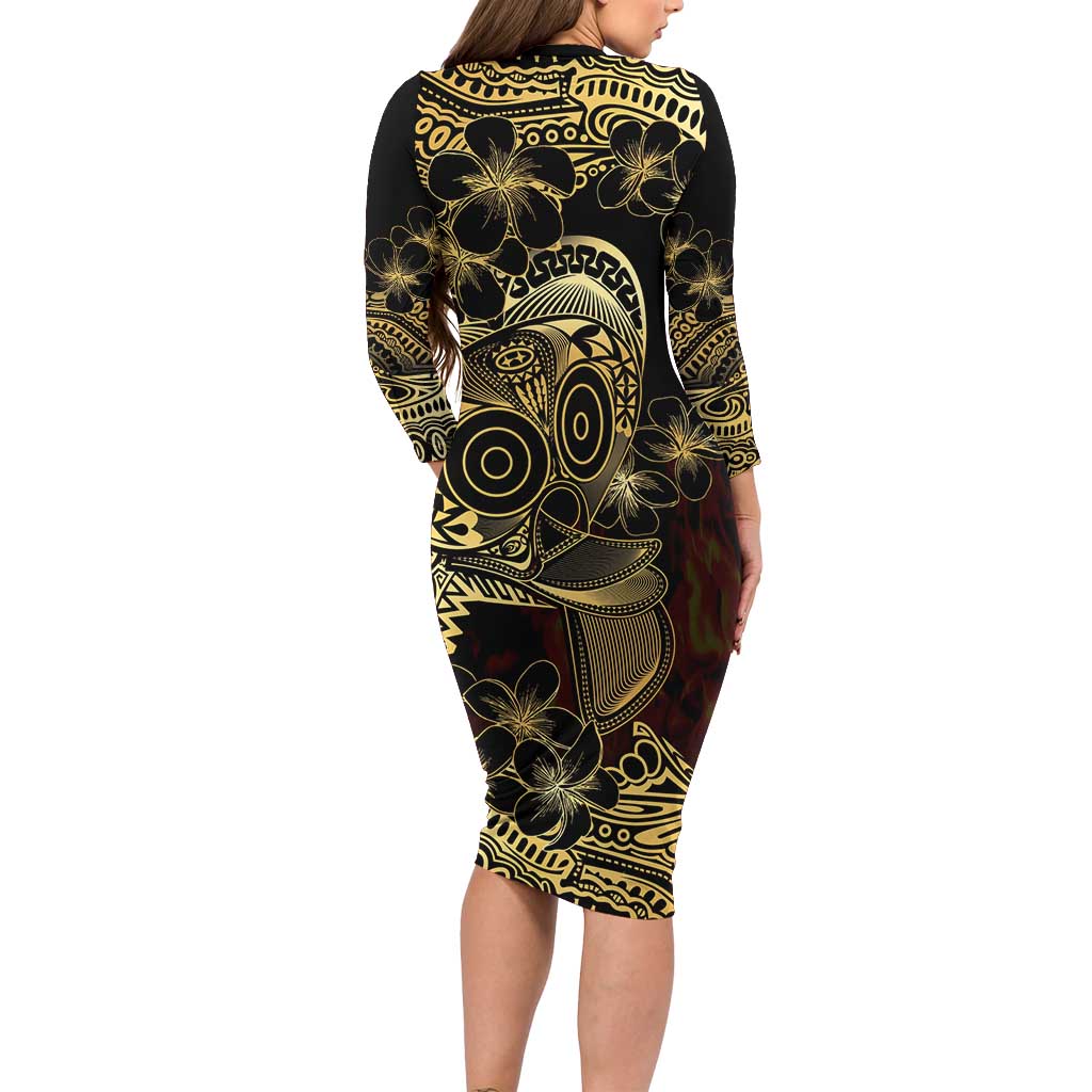 Frangipani Festival Rabaul Family Matching Long Sleeve Bodycon Dress and Hawaiian Shirt PNG Tribal Baining Mask Tattoo - Polynesian Pride