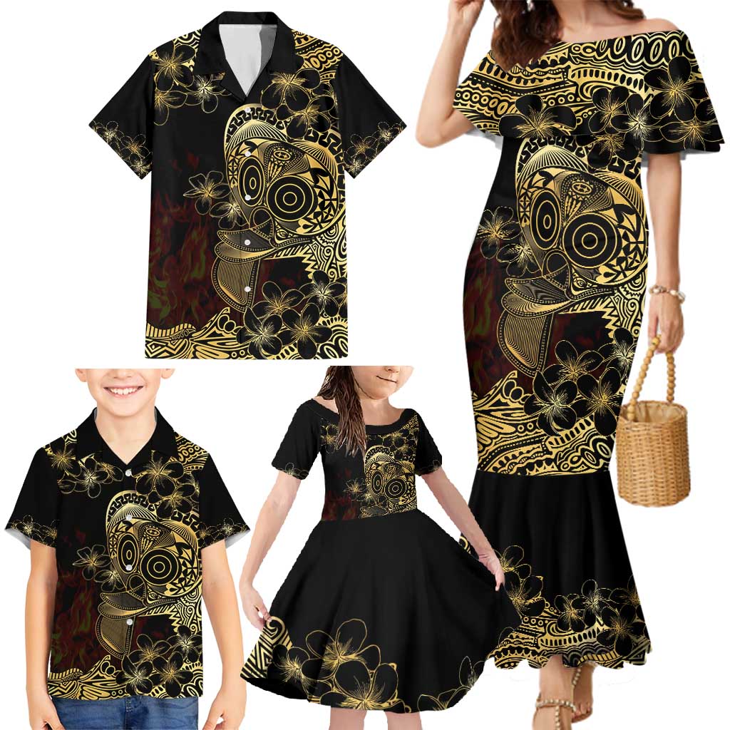 Frangipani Festival Rabaul Family Matching Mermaid Dress and Hawaiian Shirt PNG Tribal Baining Mask Tattoo - Polynesian Pride