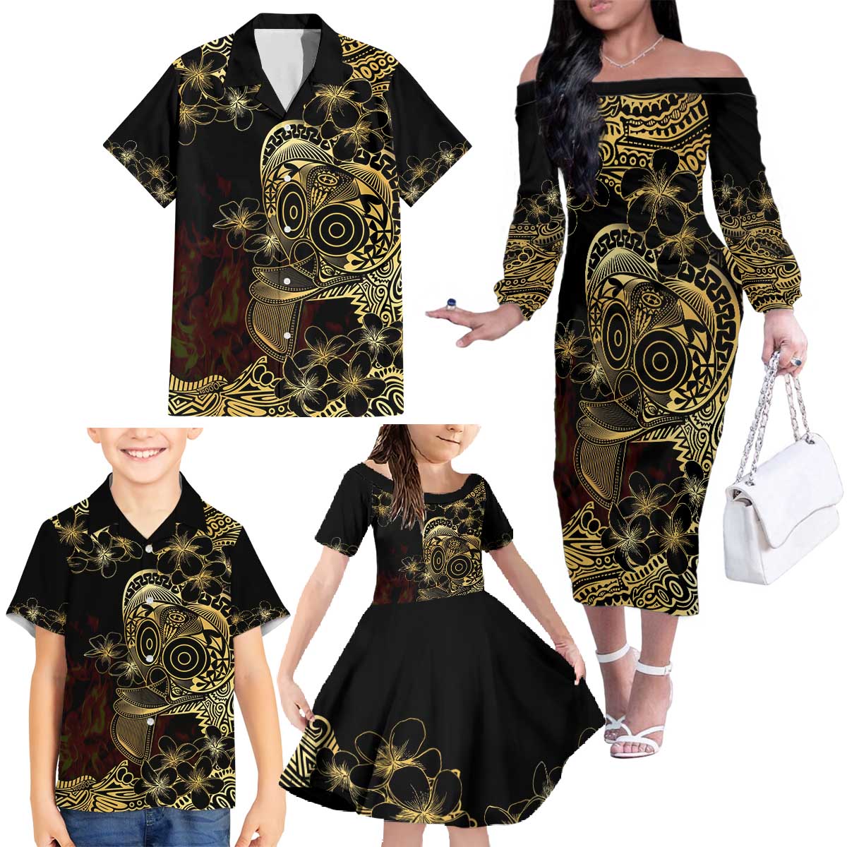 Frangipani Festival Rabaul Family Matching Off The Shoulder Long Sleeve Dress and Hawaiian Shirt PNG Tribal Baining Mask Tattoo LT14 - Polynesian Pride