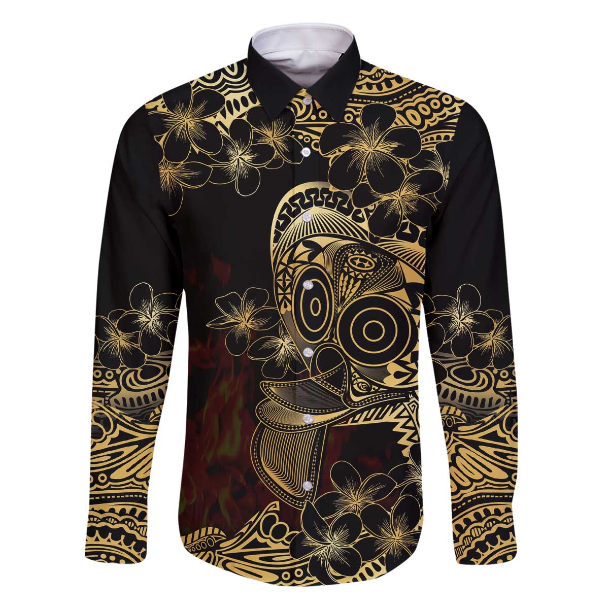 Frangipani Festival Rabaul Family Matching Off The Shoulder Long Sleeve Dress and Hawaiian Shirt PNG Tribal Baining Mask Tattoo - Polynesian Pride