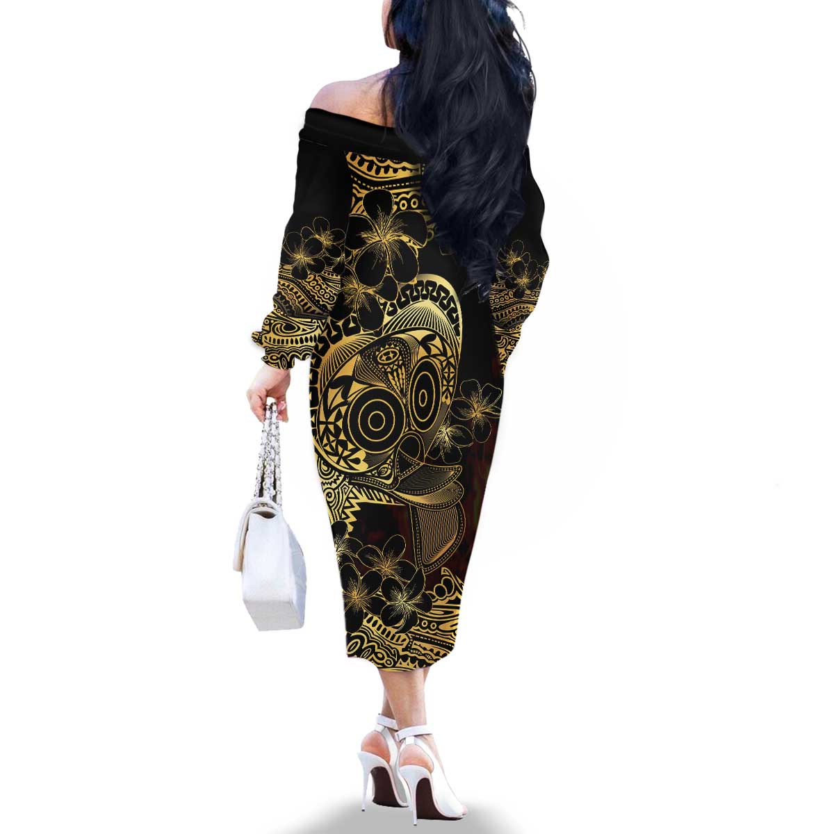 Frangipani Festival Rabaul Family Matching Off The Shoulder Long Sleeve Dress and Hawaiian Shirt PNG Tribal Baining Mask Tattoo - Polynesian Pride