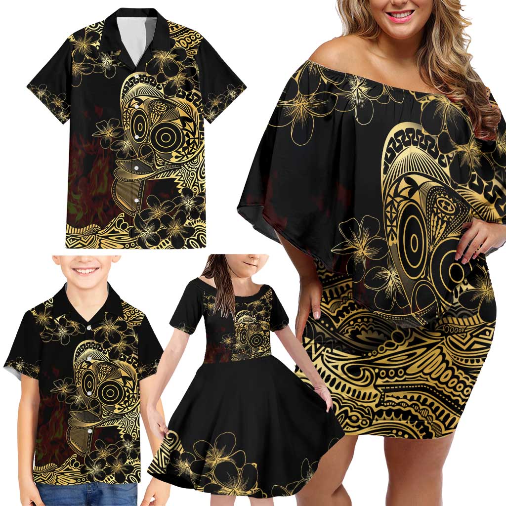 Frangipani Festival Rabaul Family Matching Off Shoulder Short Dress and Hawaiian Shirt PNG Tribal Baining Mask Tattoo LT14 - Polynesian Pride