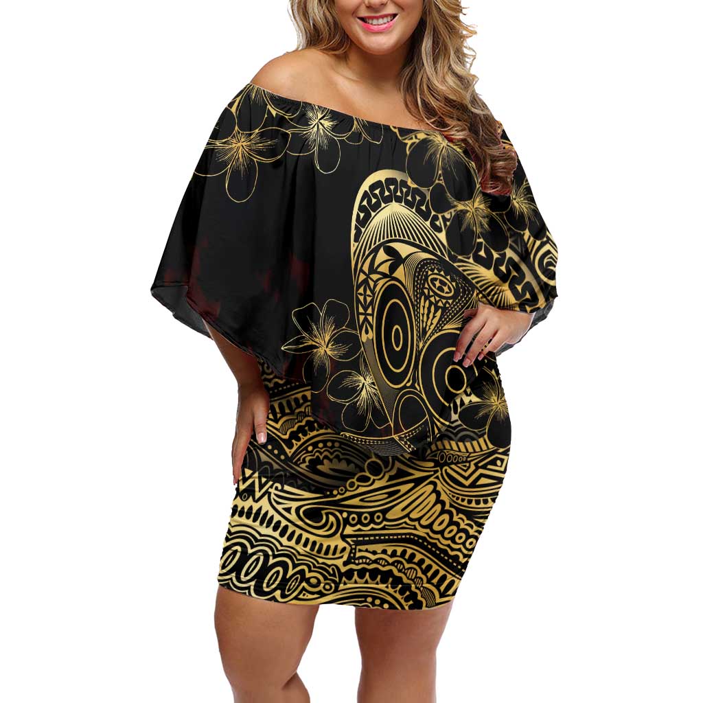 Frangipani Festival Rabaul Family Matching Off Shoulder Short Dress and Hawaiian Shirt PNG Tribal Baining Mask Tattoo - Polynesian Pride