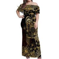 Frangipani Festival Rabaul Off Shoulder Maxi Dress PNG Tribal Baining Mask Tattoo - Polynesian Pride