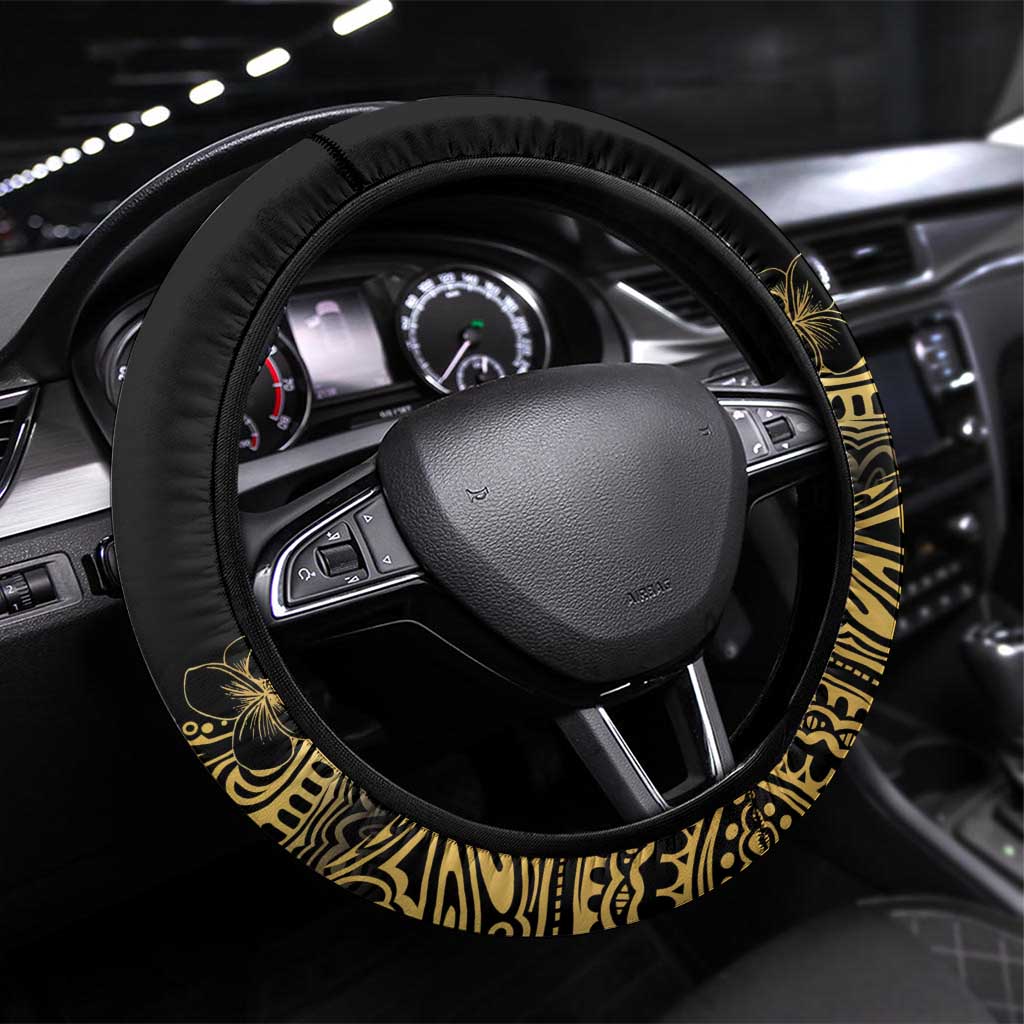 Frangipani Festival Rabaul Steering Wheel Cover PNG Tribal Baining Mask Tattoo LT14 Universal Fit Black - Polynesian Pride