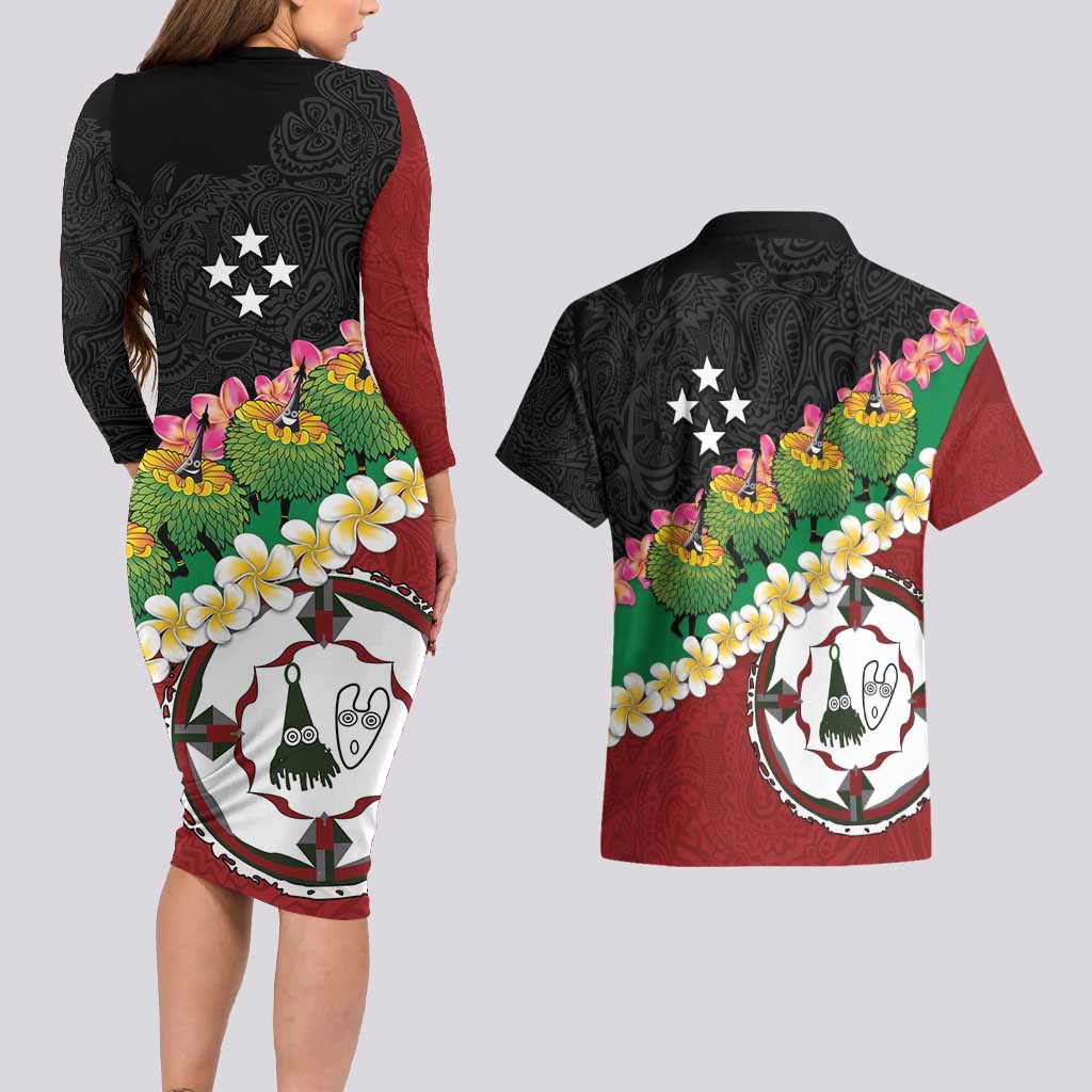 Frangipani Festival Rabaul East New Britain Couples Matching Long Sleeve Bodycon Dress and Hawaiian Shirt Dukduk Dance With Plumeria - Polynesian Pride