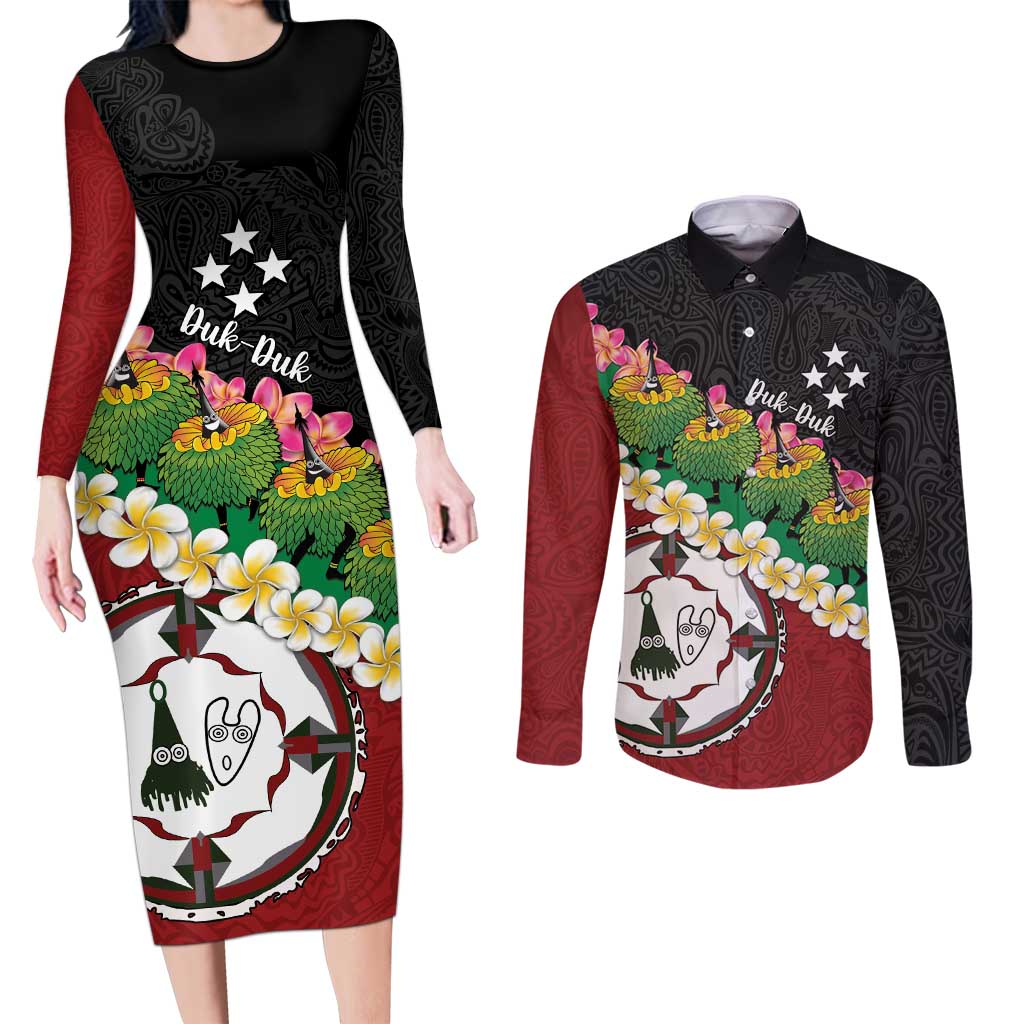 Frangipani Festival Rabaul East New Britain Couples Matching Long Sleeve Bodycon Dress and Long Sleeve Button Shirt Dukduk Dance With Plumeria - Polynesian Pride