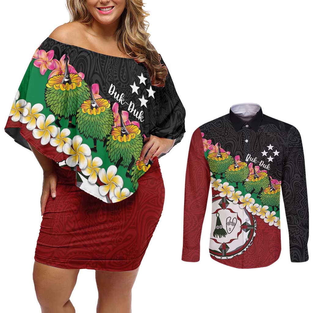 Frangipani Festival Rabaul East New Britain Couples Matching Off Shoulder Short Dress and Long Sleeve Button Shirt Dukduk Dance With Plumeria - Polynesian Pride