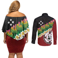Frangipani Festival Rabaul East New Britain Couples Matching Off Shoulder Short Dress and Long Sleeve Button Shirt Dukduk Dance With Plumeria - Polynesian Pride