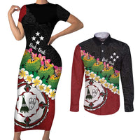 Frangipani Festival Rabaul East New Britain Couples Matching Short Sleeve Bodycon Dress and Long Sleeve Button Shirt Dukduk Dance With Plumeria - Polynesian Pride