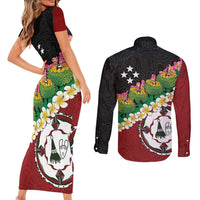 Frangipani Festival Rabaul East New Britain Couples Matching Short Sleeve Bodycon Dress and Long Sleeve Button Shirt Dukduk Dance With Plumeria - Polynesian Pride