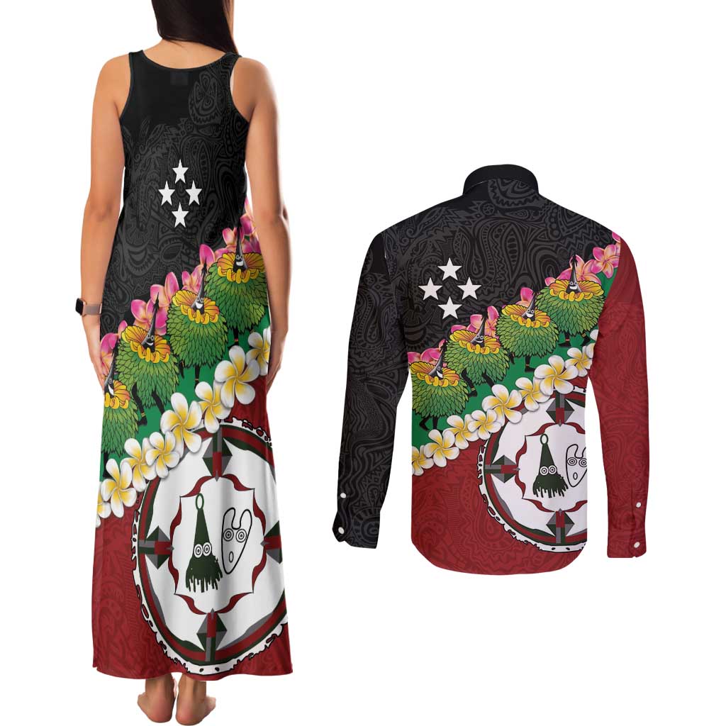 Frangipani Festival Rabaul East New Britain Couples Matching Tank Maxi Dress and Long Sleeve Button Shirt Dukduk Dance With Plumeria - Polynesian Pride
