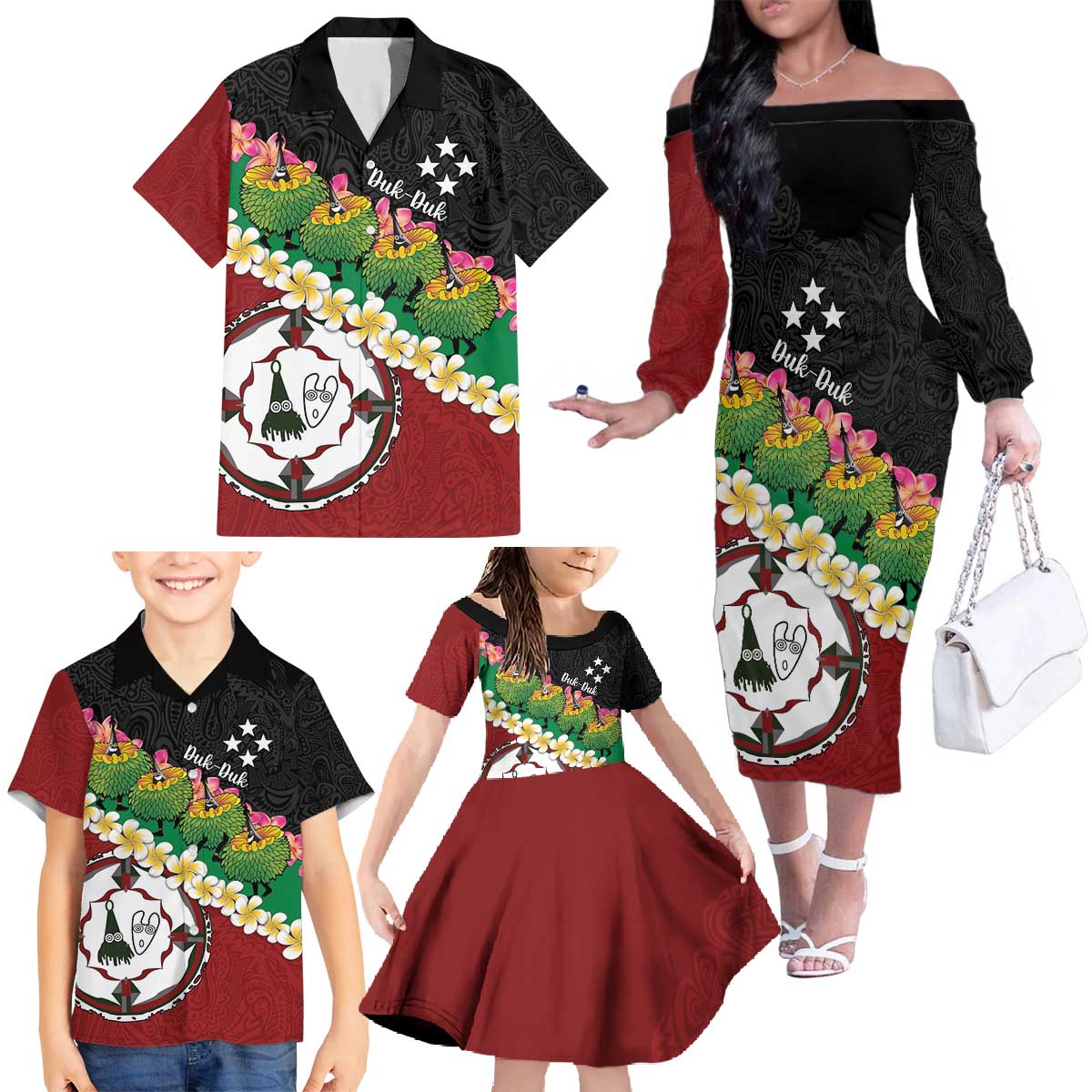 Frangipani Festival Rabaul East New Britain Family Matching Off The Shoulder Long Sleeve Dress and Hawaiian Shirt Dukduk Dance With Plumeria LT14 - Polynesian Pride