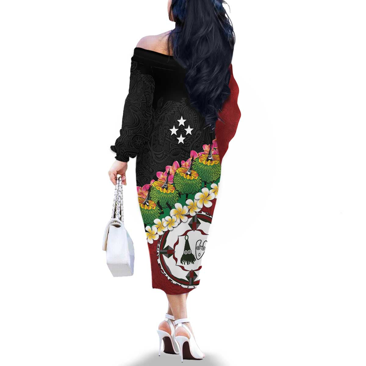 Frangipani Festival Rabaul East New Britain Family Matching Off The Shoulder Long Sleeve Dress and Hawaiian Shirt Dukduk Dance With Plumeria - Polynesian Pride