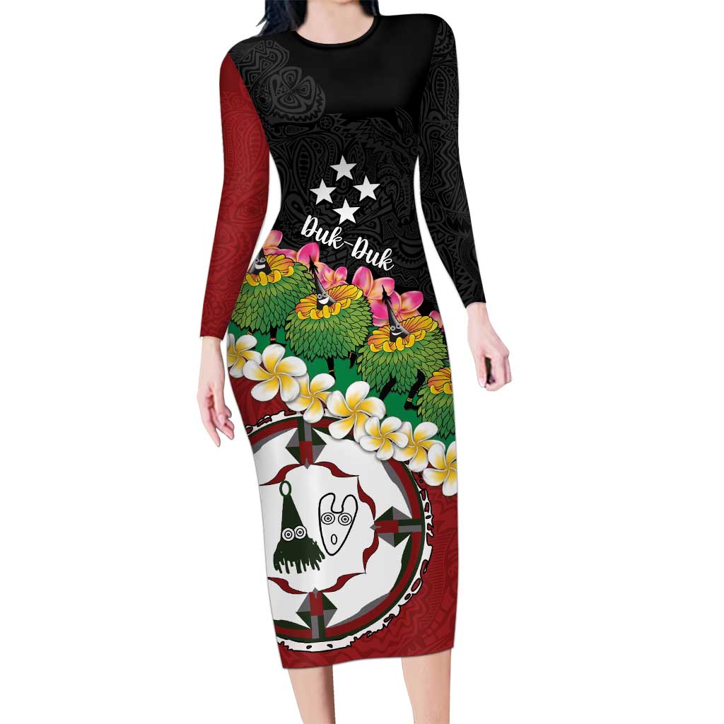 Frangipani Festival Rabaul East New Britain Long Sleeve Bodycon Dress Dukduk Dance With Plumeria - Polynesian Pride