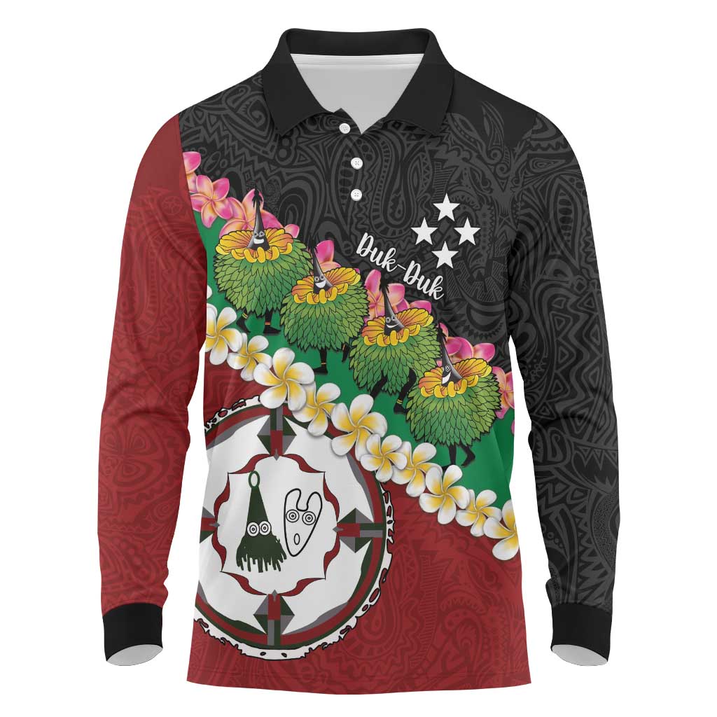 Frangipani Festival Rabaul East New Britain Long Sleeve Polo Shirt Dukduk Dance With Plumeria - Polynesian Pride