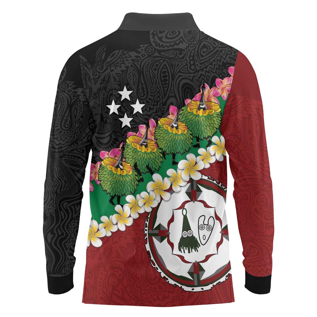 Frangipani Festival Rabaul East New Britain Long Sleeve Polo Shirt Dukduk Dance With Plumeria - Polynesian Pride