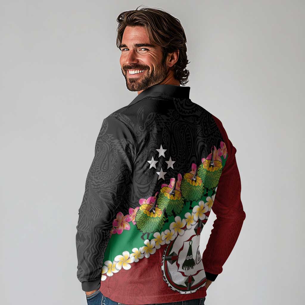 Frangipani Festival Rabaul East New Britain Long Sleeve Polo Shirt Dukduk Dance With Plumeria - Polynesian Pride