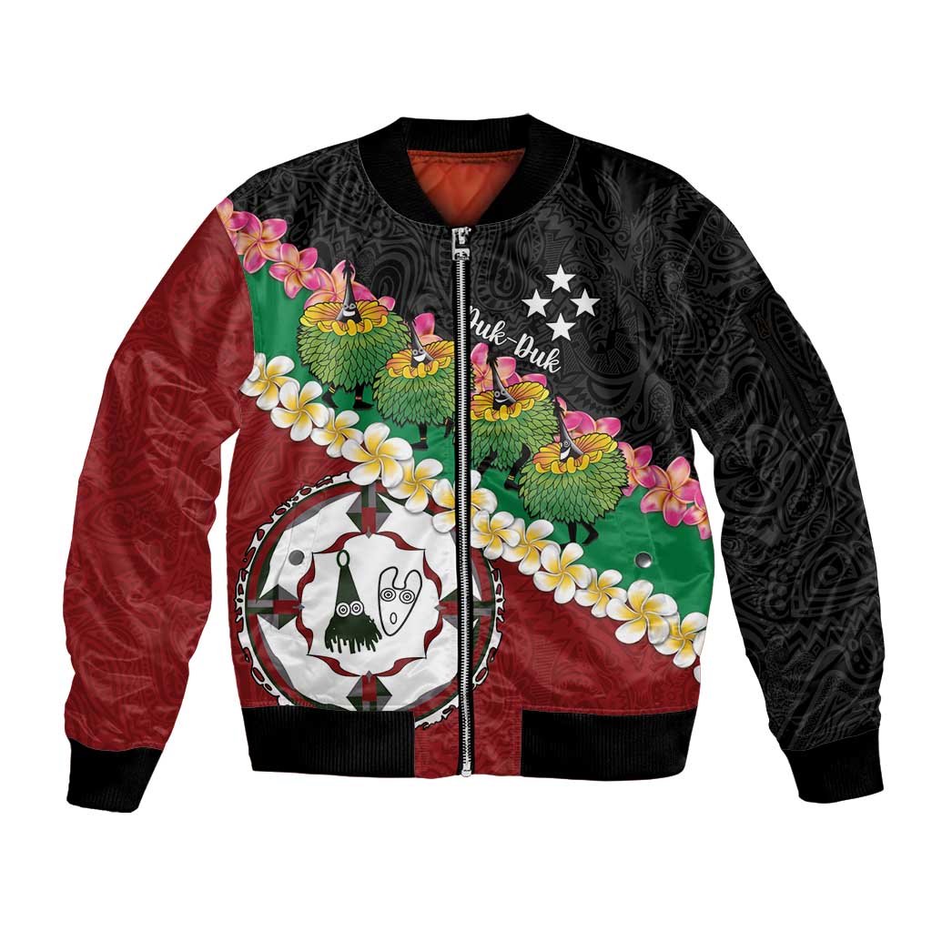 Frangipani Festival Rabaul East New Britain Sleeve Zip Bomber Jacket Dukduk Dance With Plumeria - Polynesian Pride
