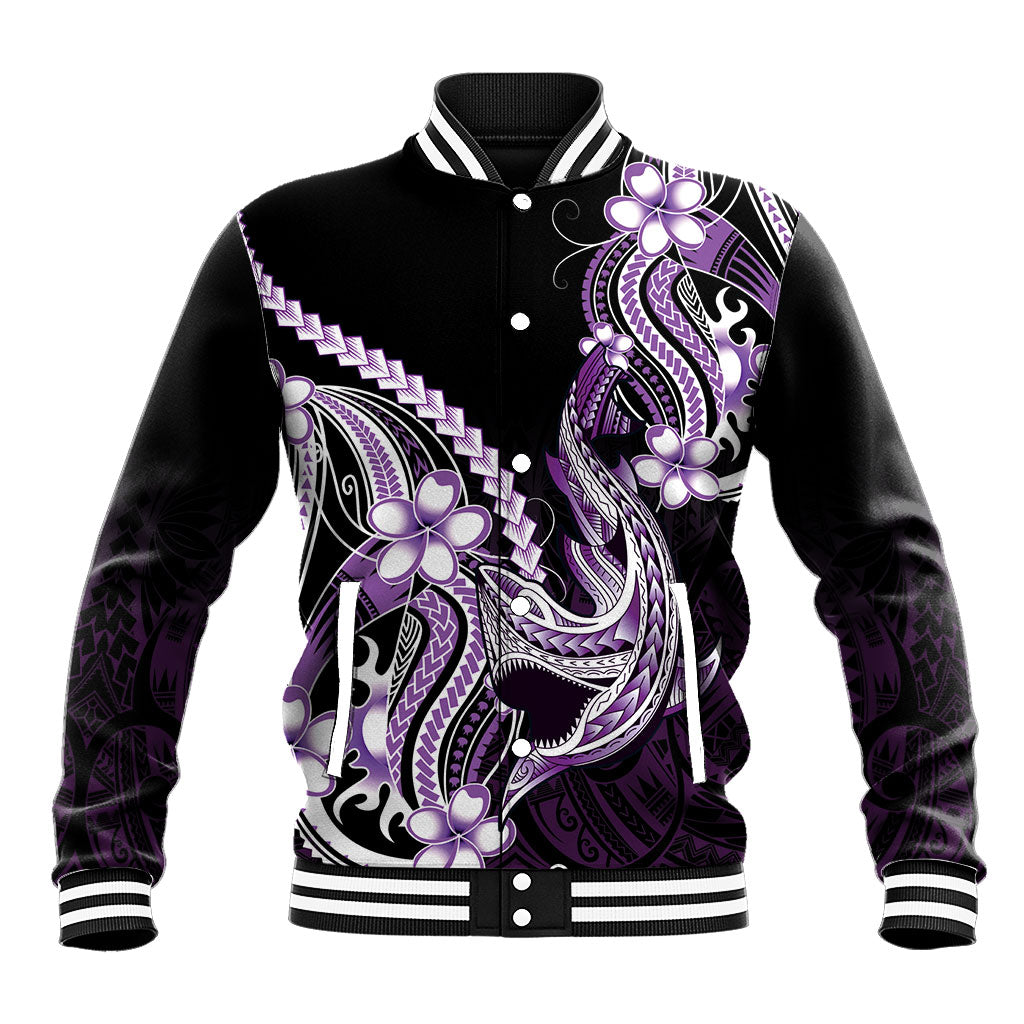 Purple Black Aloha Hawaii Baseball Jacket Polynesian Shark Tattoo Plumeria LT14 Unisex Purple - Polynesian Pride